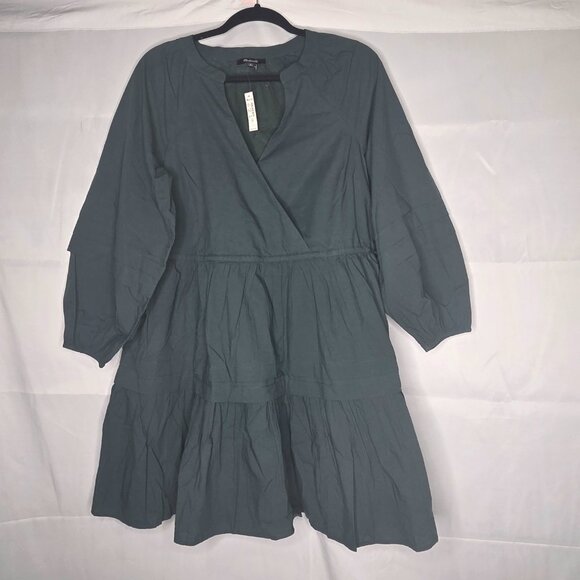 NWT Madewell Crinkle Poplin Wrap Mini Tiered Dress Women’s Medium Dark Palm - Picture 2 of 4